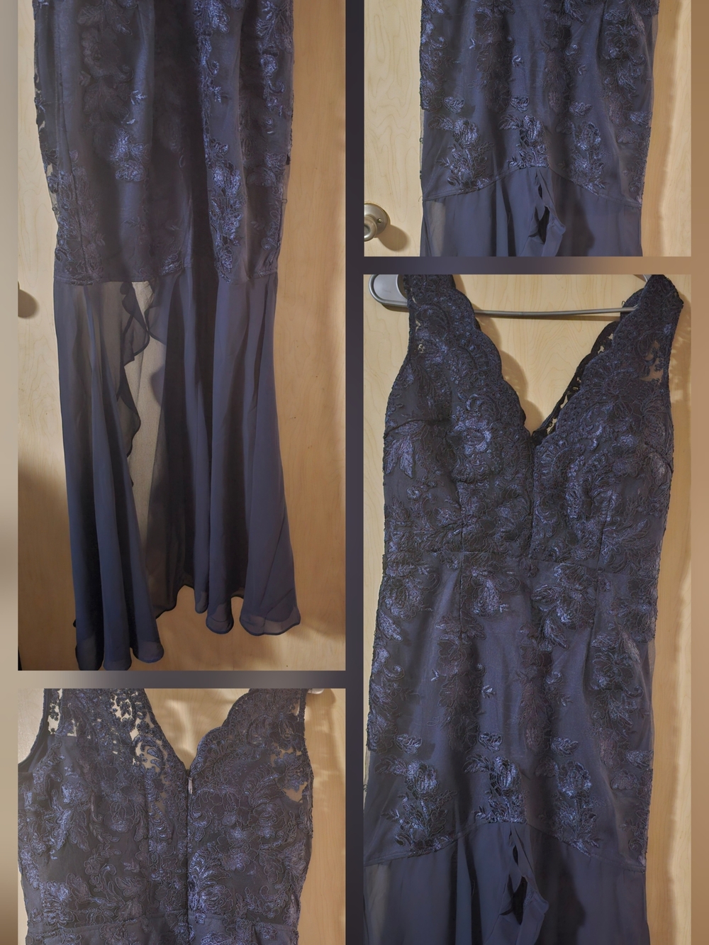 Navy Lace Appliqué Evening Gown